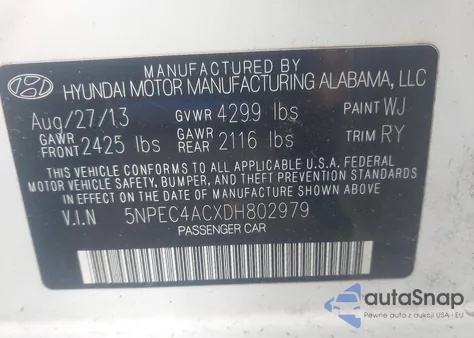 2013 Hyundai Sonata Se из США, поврежденный, VIN 5NPEC4ACXDH802979